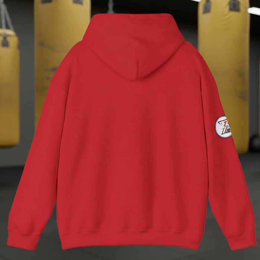 Red women's boxing hoodie with adjustable hood and kangaroo pocket, perfect for sports and streetwear. Back view