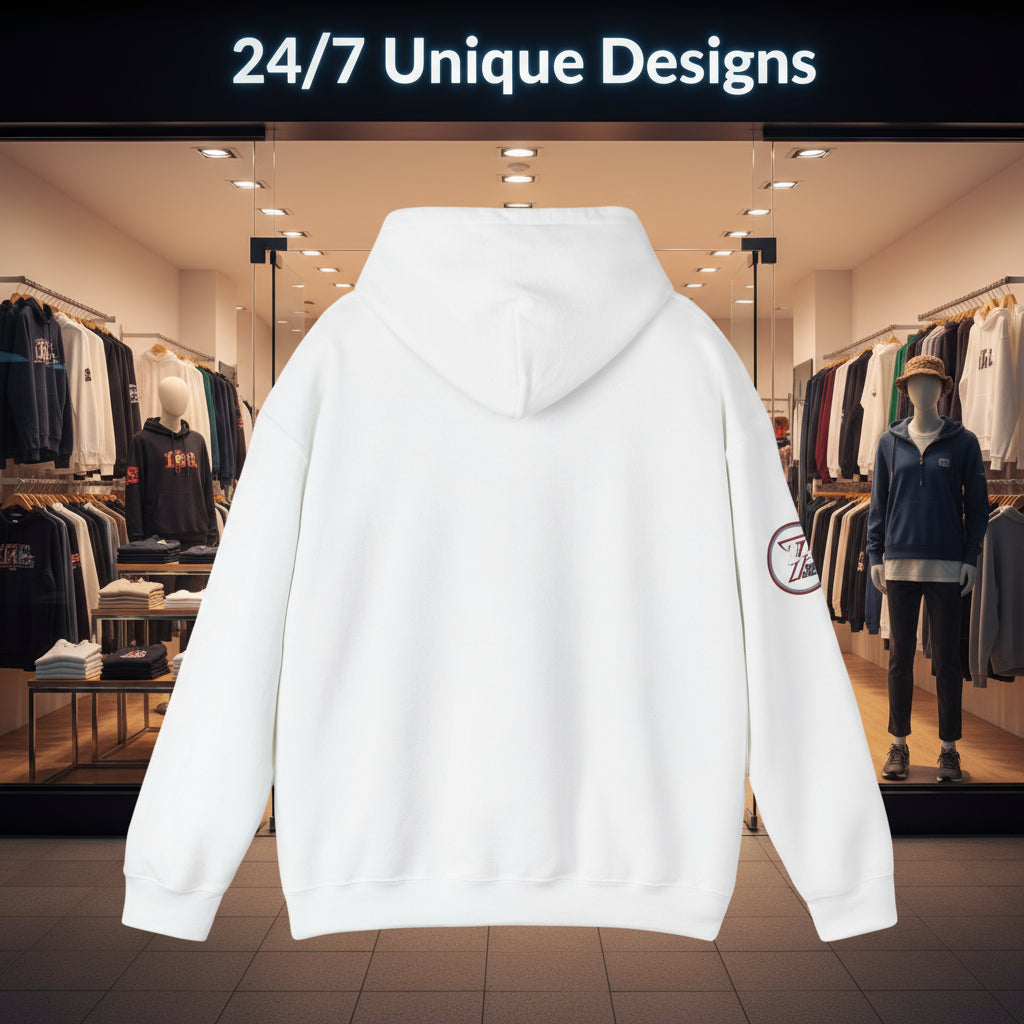 Back view of white ping pong hoodie with hood and hand-drawn design on sleeve back view