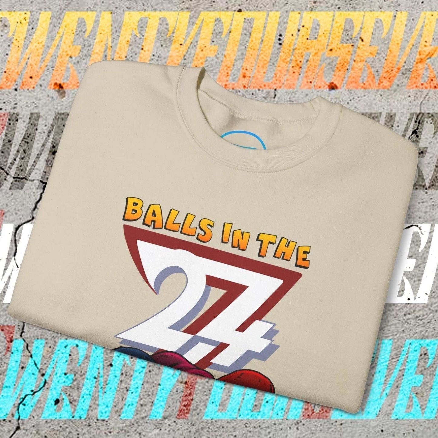 Balls In The Hood Sweatshirt with sports-themed urban streetwear design and hand-drawn illustration on beige fabric.
