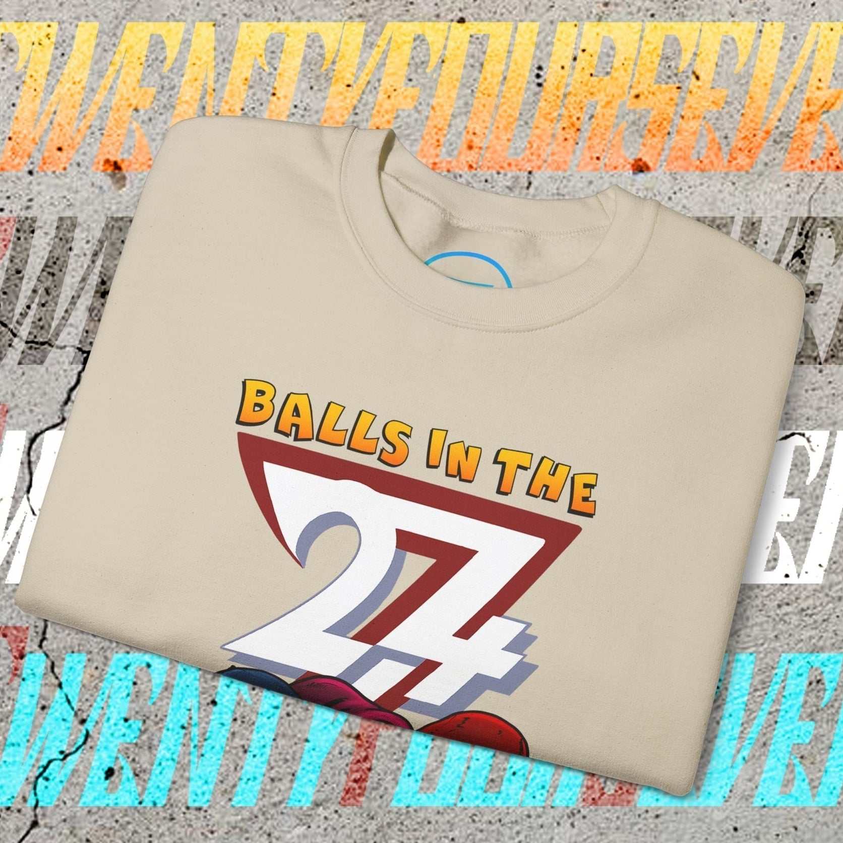 Balls In The Hood Sweatshirt with sports-themed urban streetwear design and hand-drawn illustration on beige fabric.