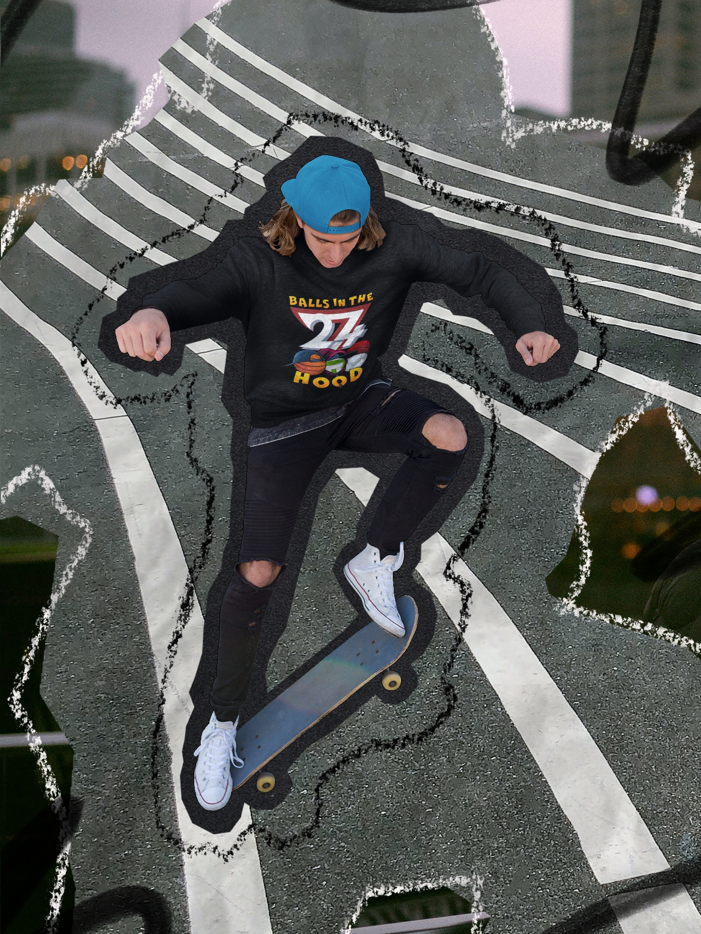 Balls In The Hood Sweatshirt with urban sports graphic worn by skateboarder performing trick