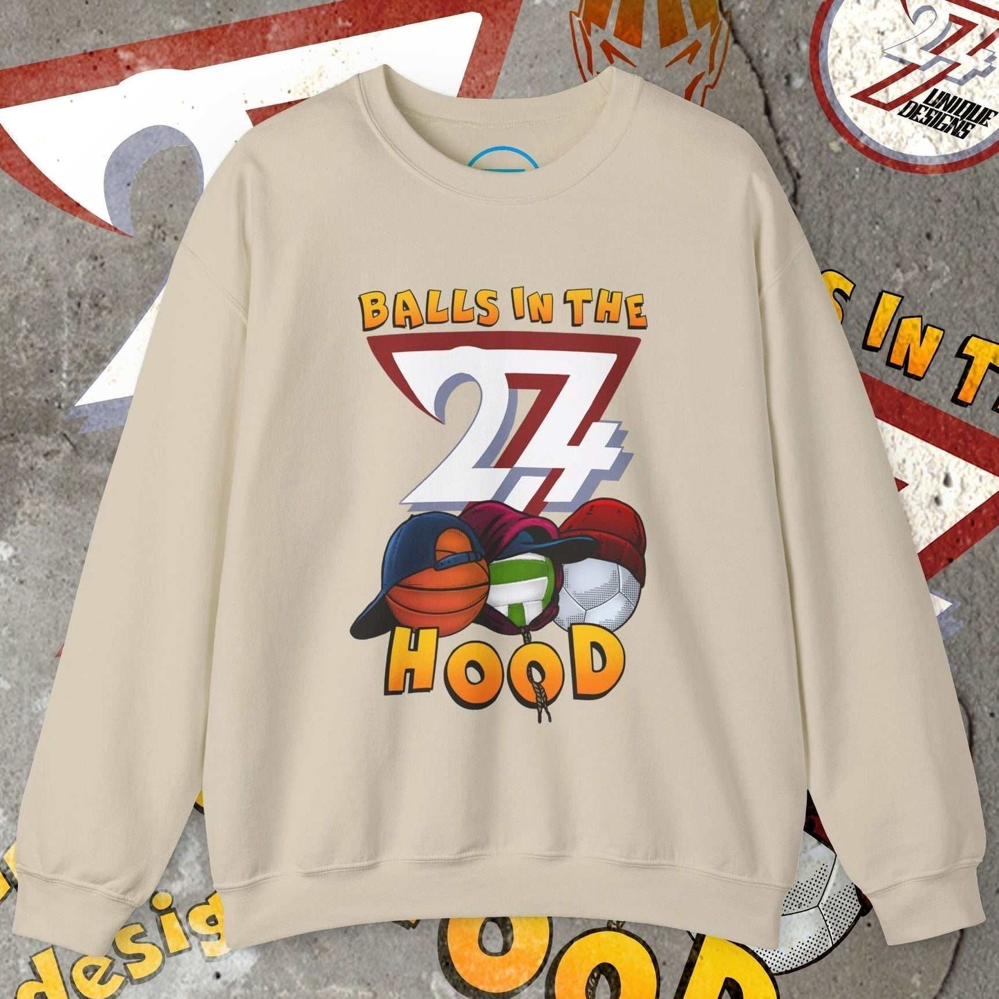 Balls In The Hood Sweatshirt with urban streetwear sports design featuring basketball, football, and volleyball balls print in cream color