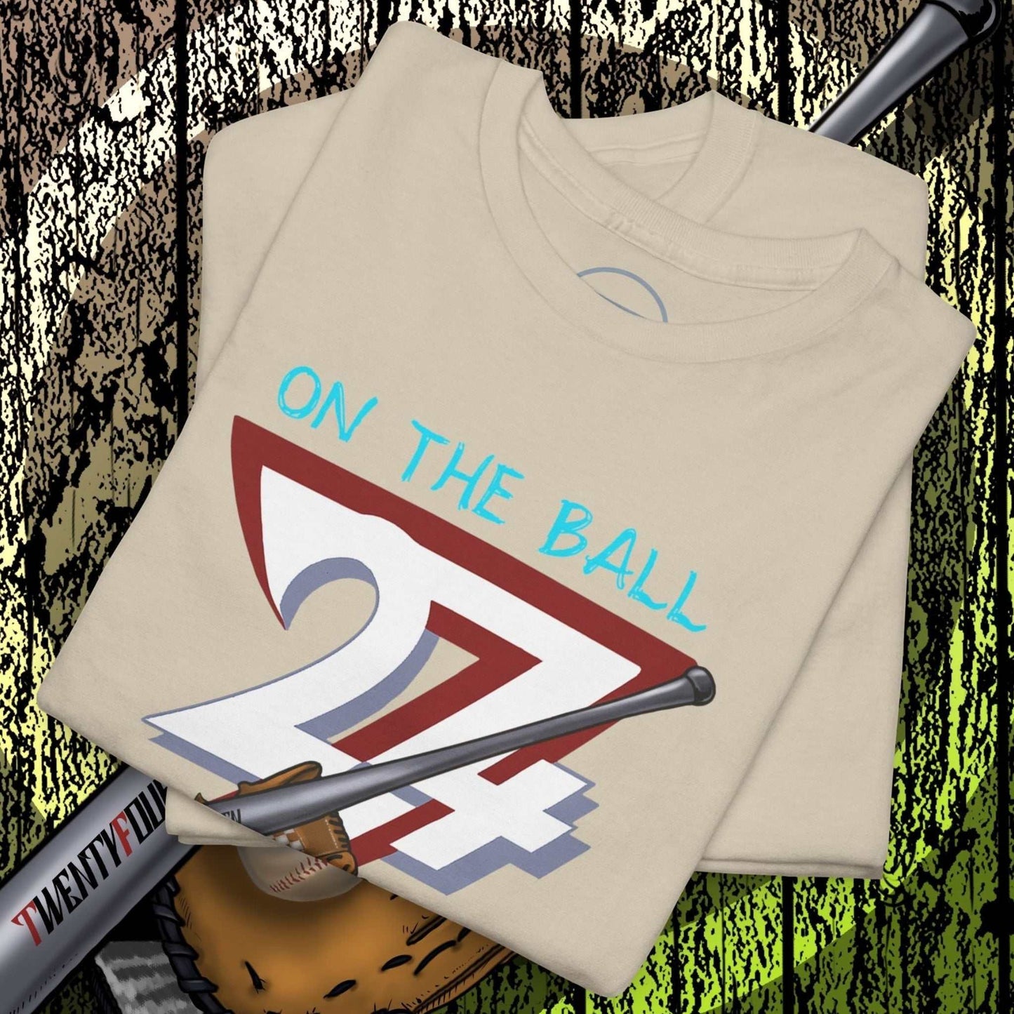 Baseball Illustrated Tee with hand-drawn 24/7 graphic, baseball bat and glove on beige cotton shirt, game day gift