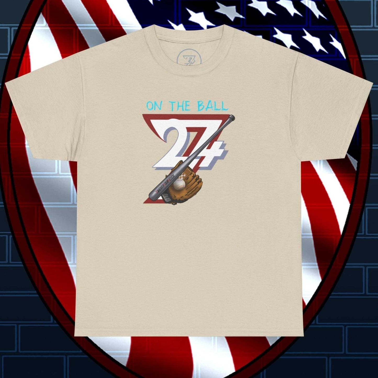 Baseball Illustrated Tee with hand-drawn design featuring bat and glove on beige fabric against patriotic shield backdrop