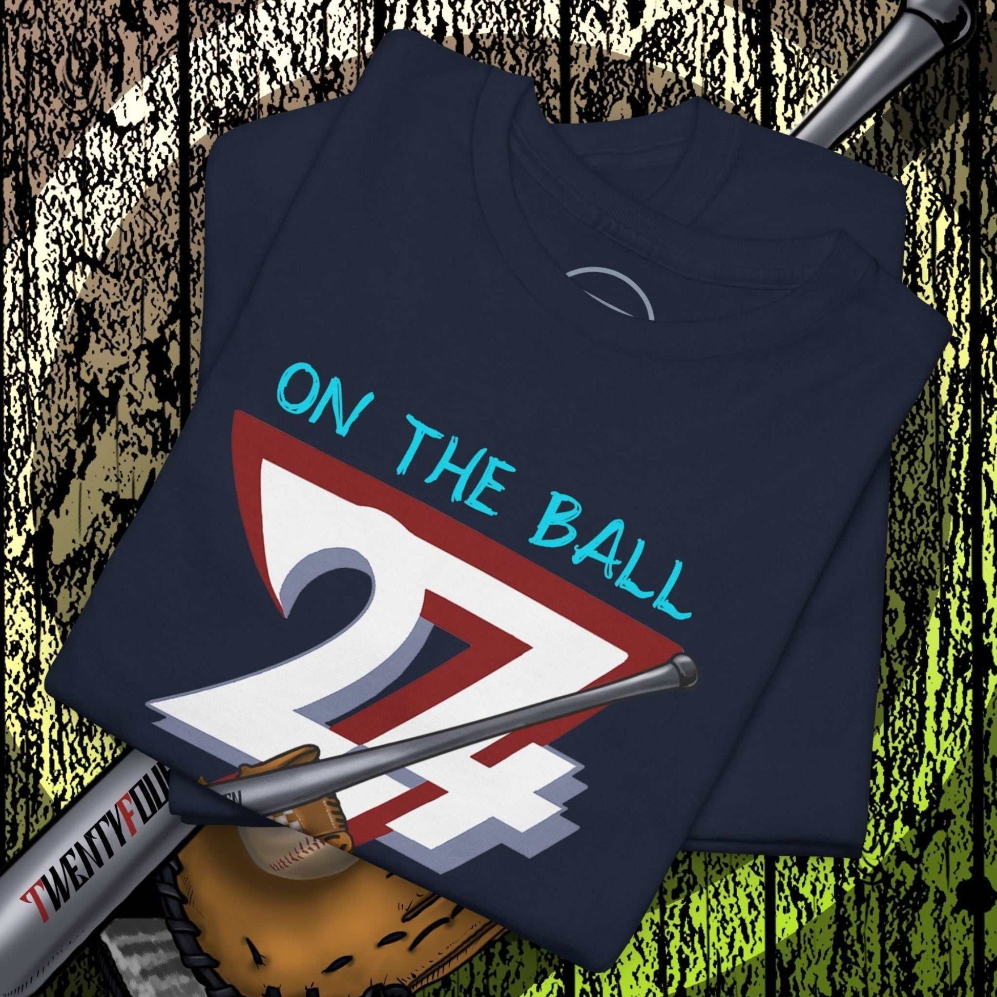 Baseball Illustrated Tee with hand-drawn vintage baseball design, navy cotton shirt featuring "On The Ball 24/7" artwork, casual sportswear.