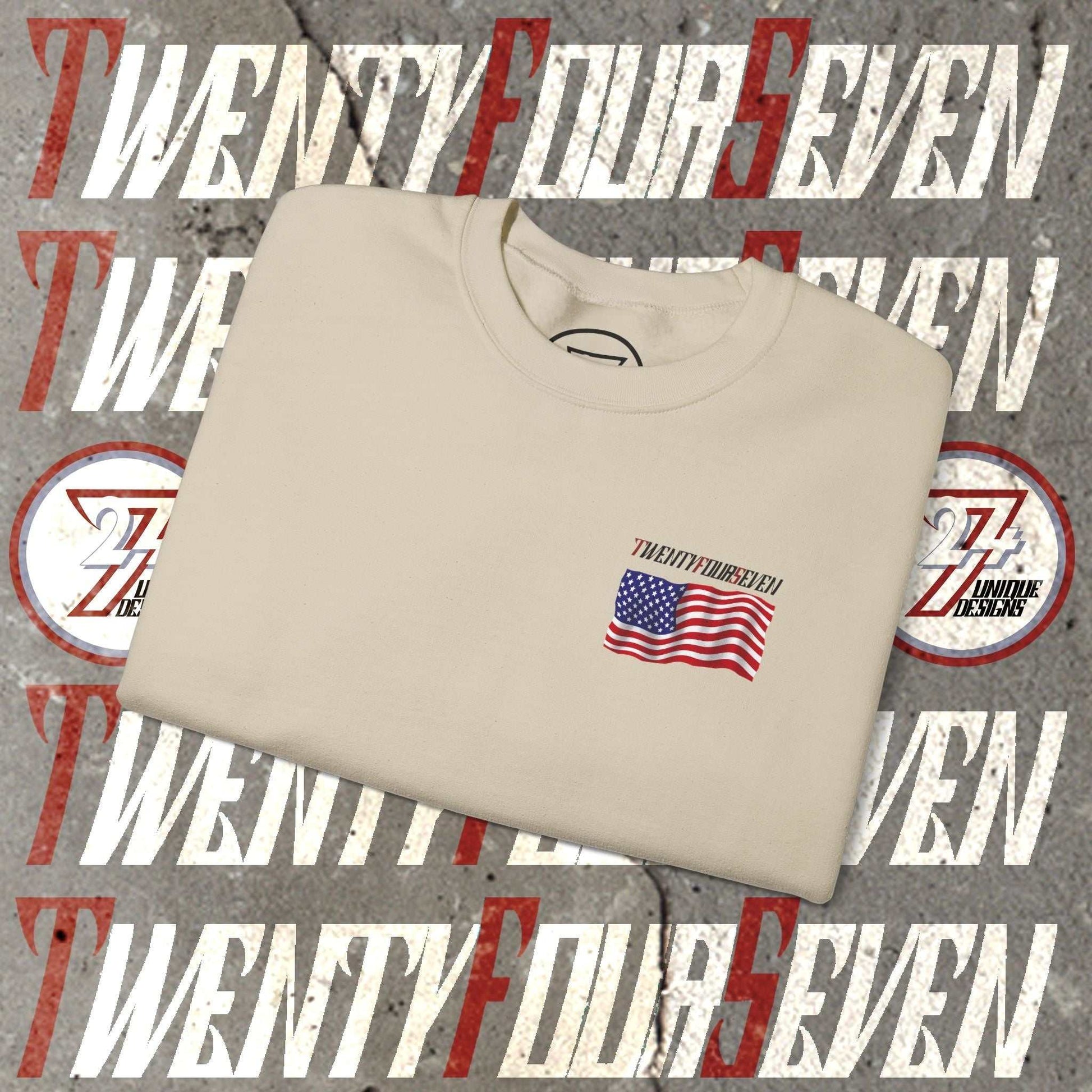 Beige American flag unisex sweatshirt with patriotic hand-drawn logo design folded on graphic background