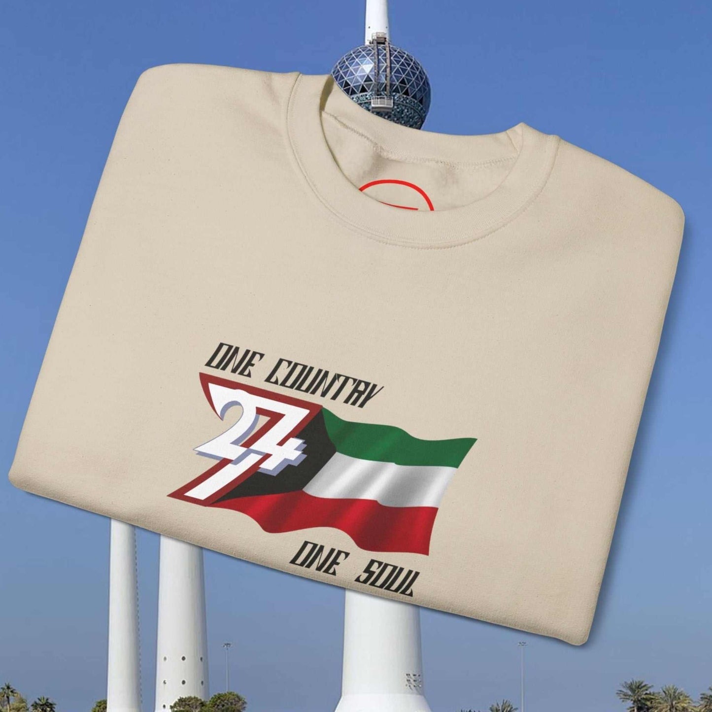 Beige Kuwait Flag Hand-Drawn Jumper with vibrant national flag illustration and "One Country One Soul" text on soft crewneck sweatshirt