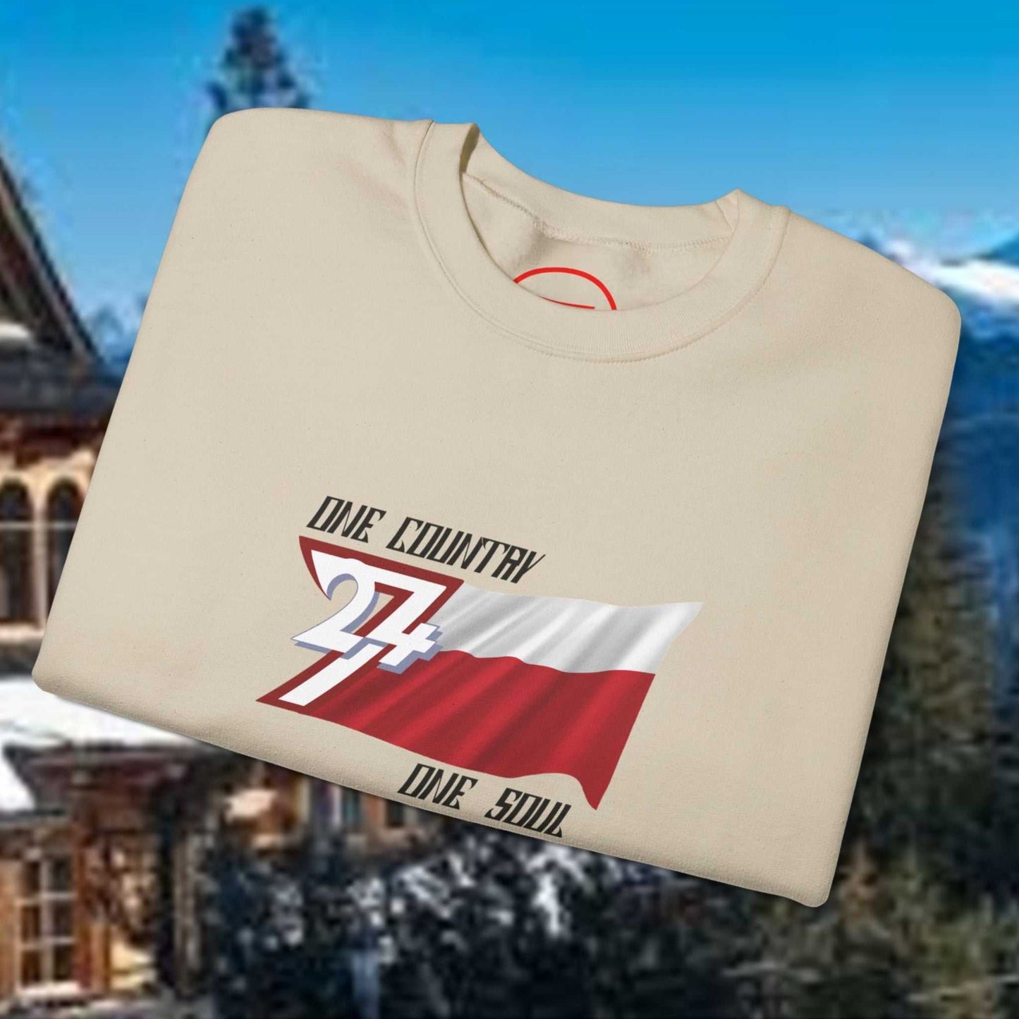 Beige Poland Jumper sweatshirt with hand-drawn Polish flag and "one country one soul" text, cozy crewneck style