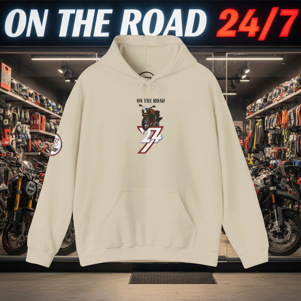 Beige bike hoodie with "On The Road" motorcycle design and 24/7 logo by 24/7 Unique Designs