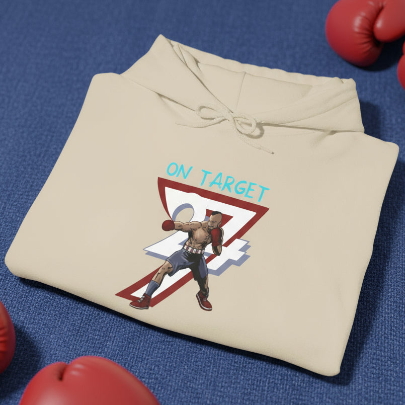 Beige boxing hoodie with hand-drawn boxer design and "On Target" text, made of cotton-polyester blend for sports training and outdoor fitness.