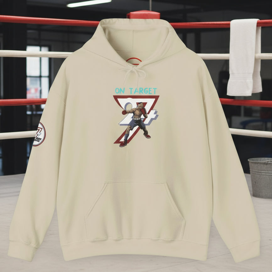 Beige boxing hoodie with hand-drawn boxer design and kangaroo pocket for outdoor fitness and training