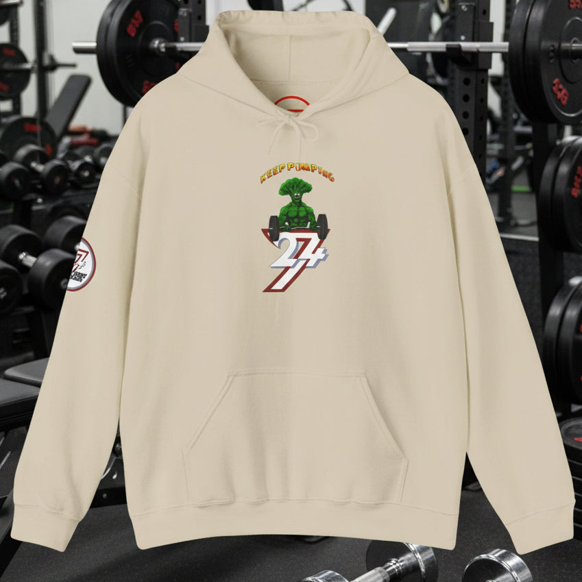 Beige broccoli hoodie workout sweatshirt with cartoon broccoli design, kangaroo pocket, and adjustable hood.