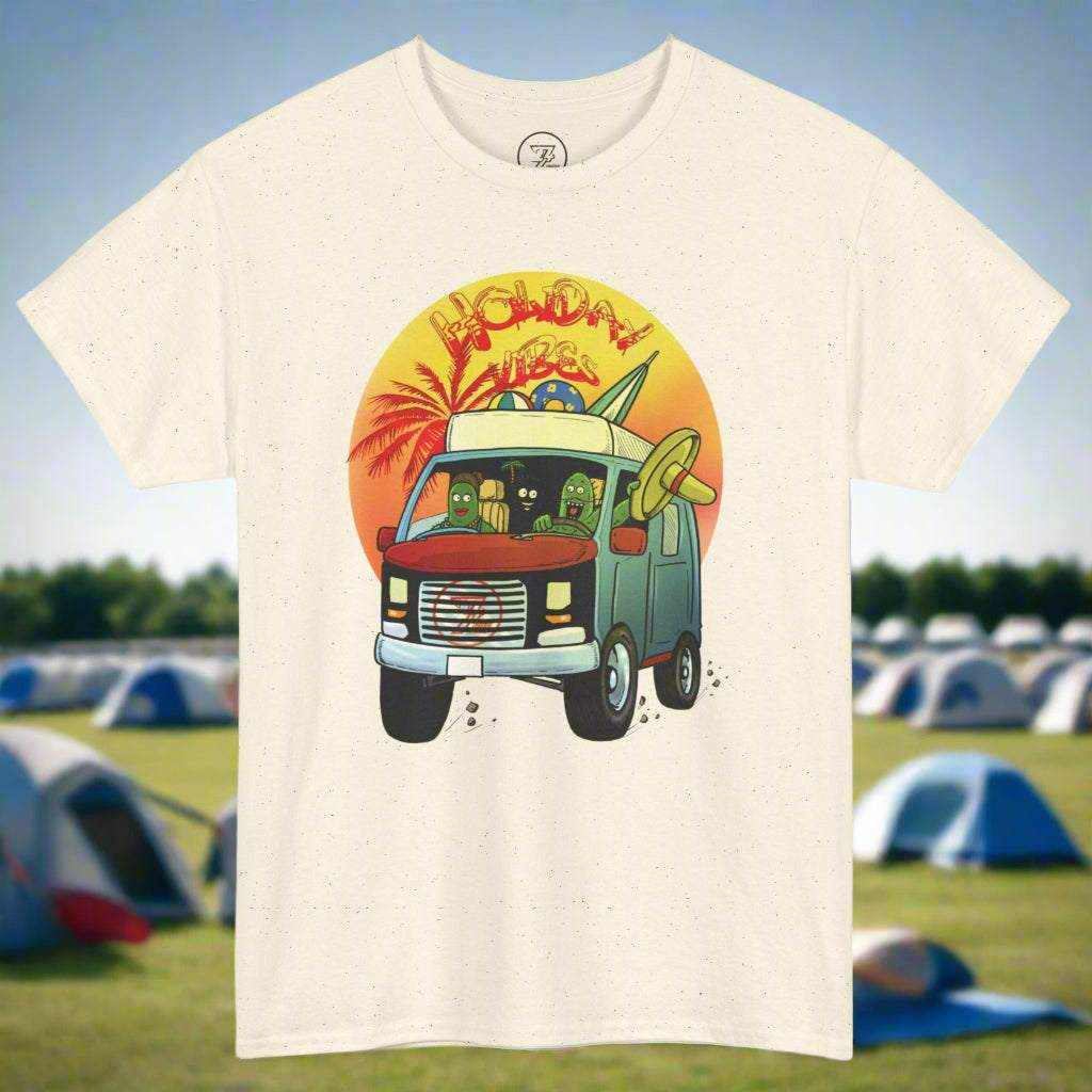 Beige cactus shirt featuring a colorful cartoon van with cactus characters and a retro holiday design.