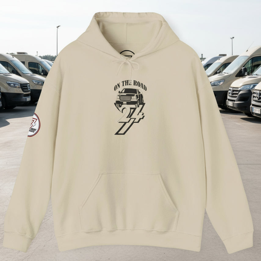 Beige car hoodie with hand-drawn vehicle design and kangaroo pocket for travel enthusiasts