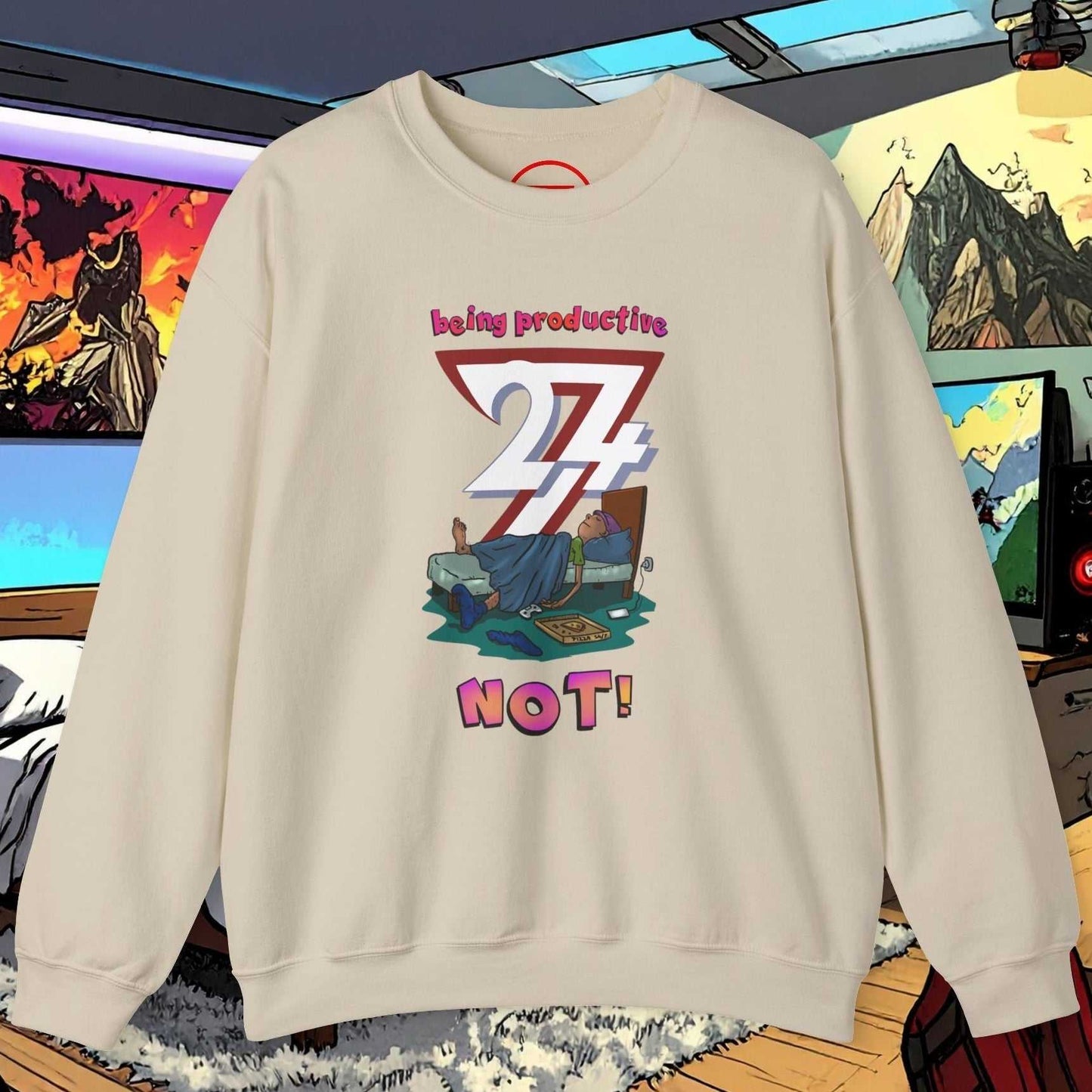 Lazy Teenager Unisex Sweatshirt with colorful hand-drawn lazy teen design and funny slogan "being productive 24/7 NOT" on soft midweight fabric