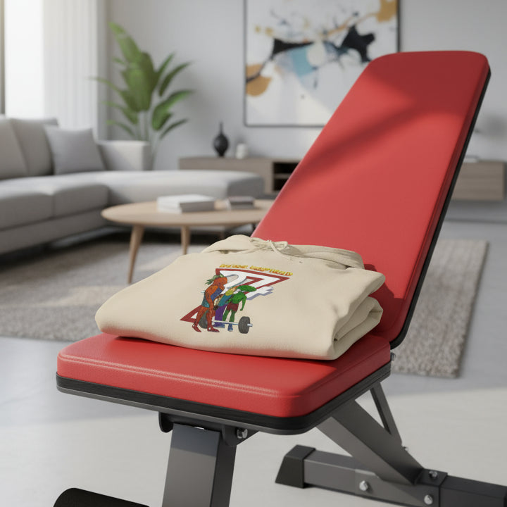 Beige custom hoodie with funny banana and broccoli comic workout characters and "Being Inspired" text.