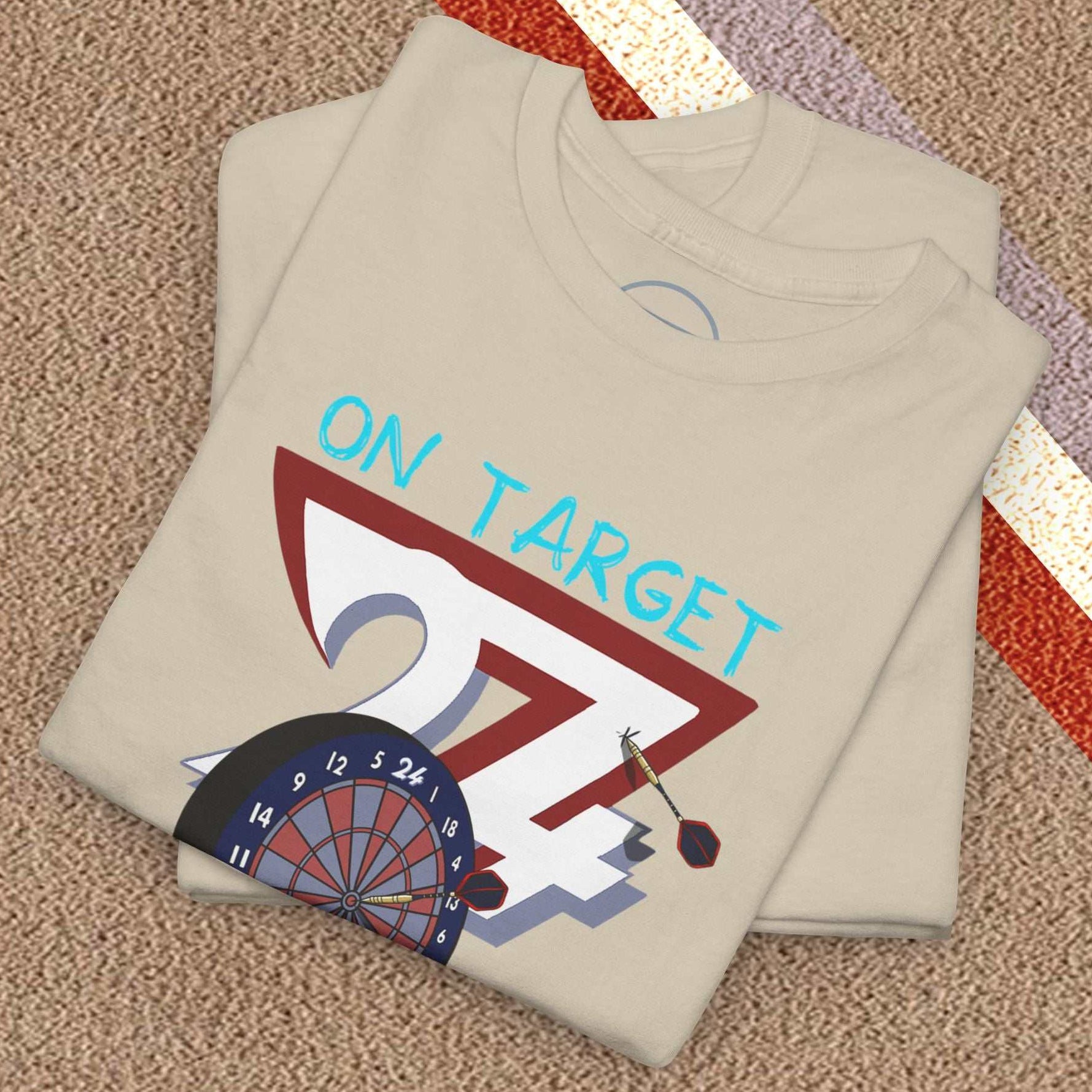 Beige darts T-shirt with hand-drawn dartboard and "On Target" text, casual crew neck design