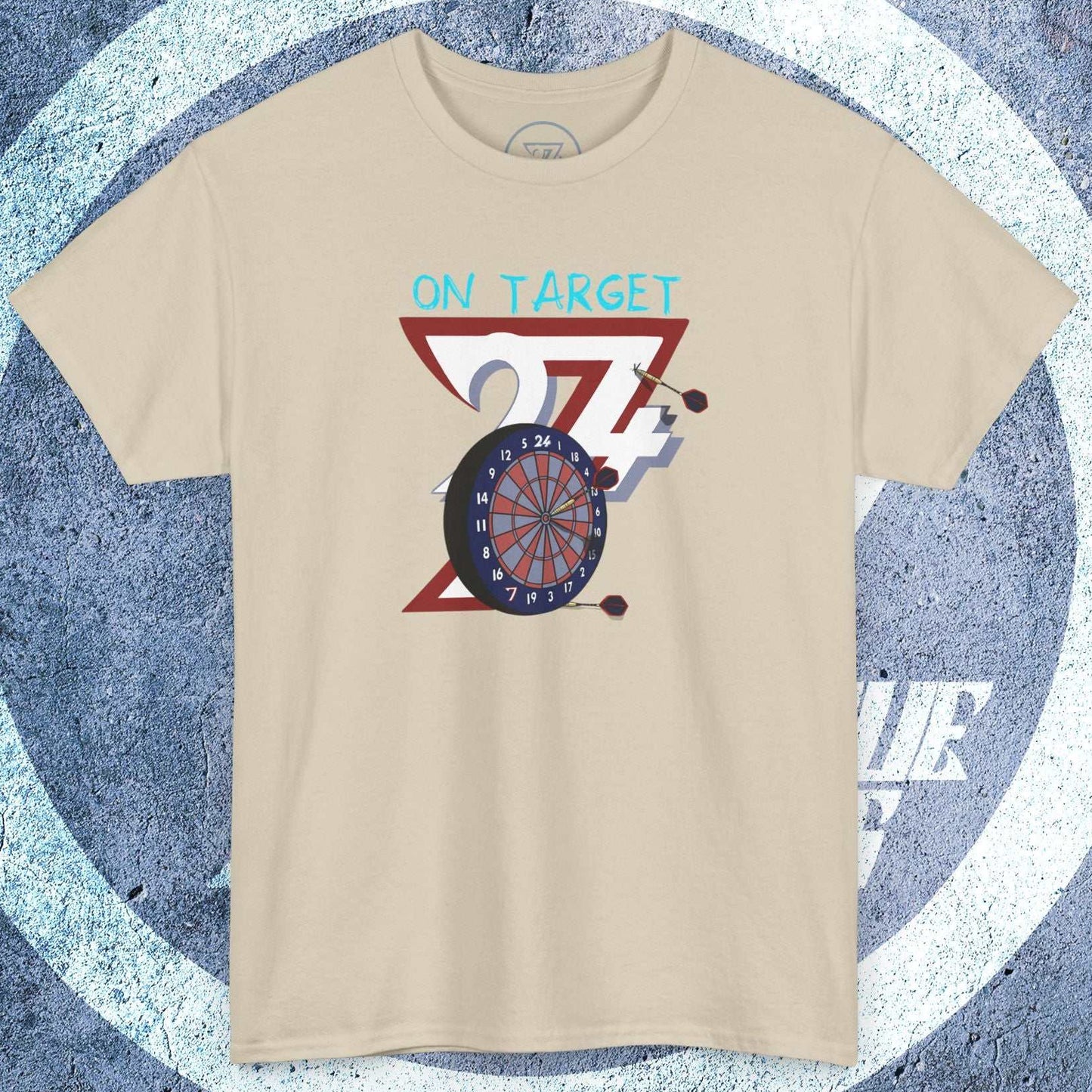 Beige darts T-shirt with hand-drawn dartboard and "On Target" text in sketch style, casual crew-neck design