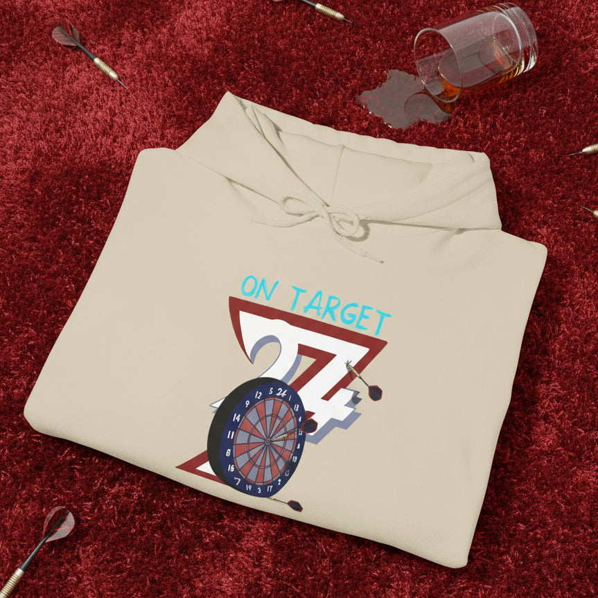 Beige darts hoodie with hand-drawn dartboard illustration and "On Target" text, adjustable hood and kangaroo pocket