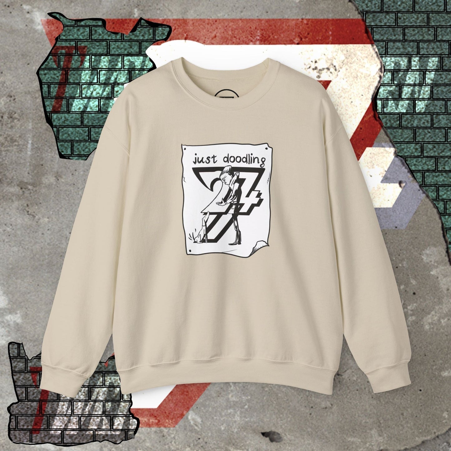 Beige dog illustration sweatshirt with hand-drawn cartoon design, ribbed collar, and casual streetwear style.