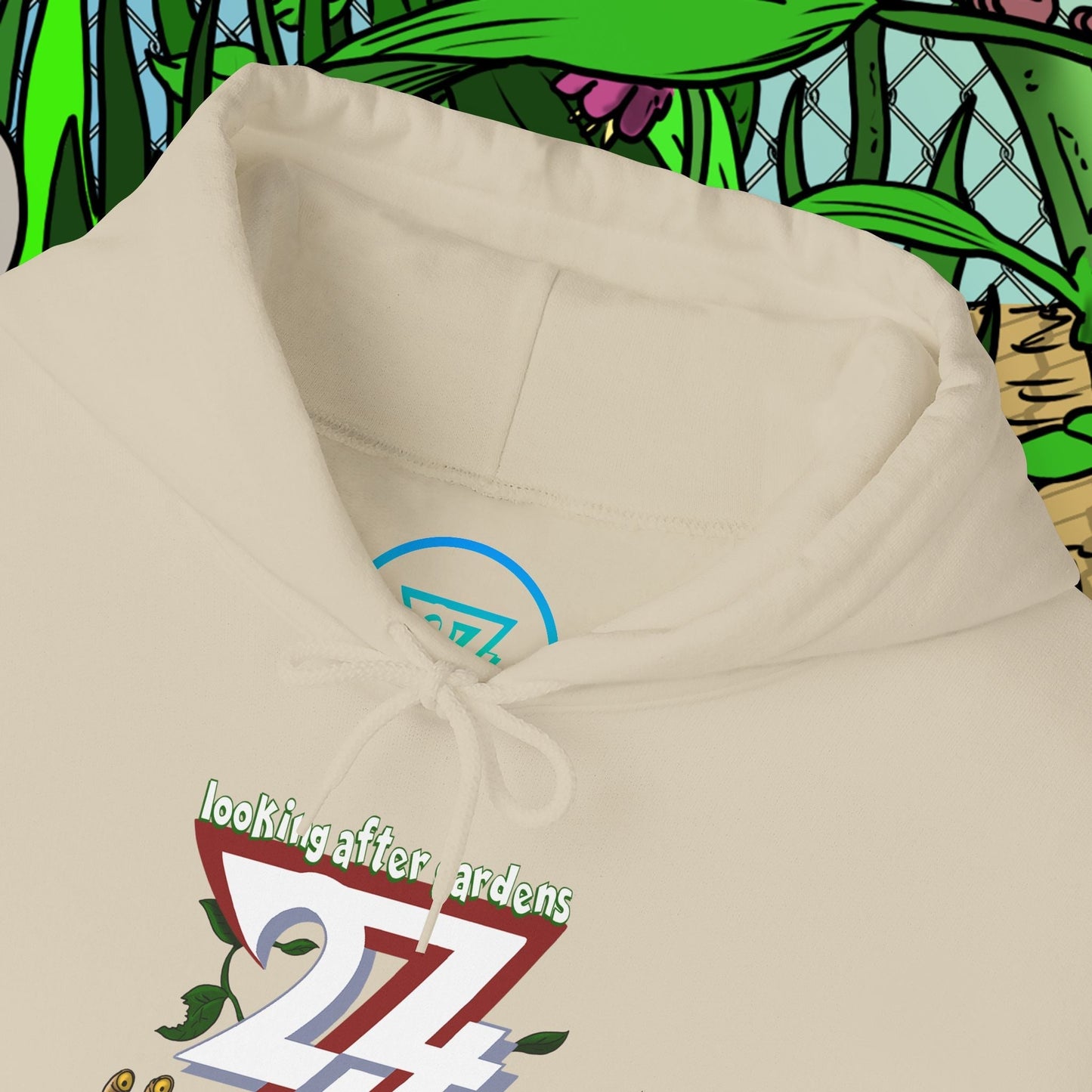 Beige gardening hoodie with cute cartoon snail, slug, and mole design and adjustable drawstring hood.