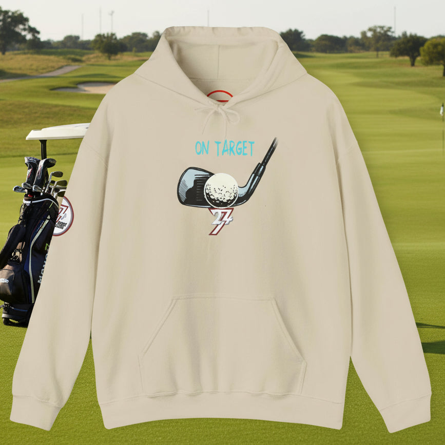 Beige golf hoodie with hand-drawn golf club and ball design, kangaroo pocket, and adjustable hood.