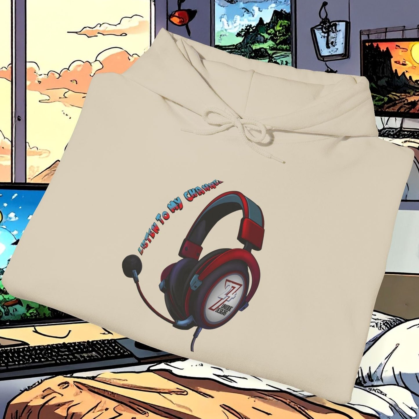 Beige headset hoodie with unique headphone design for gamers and YouTubers