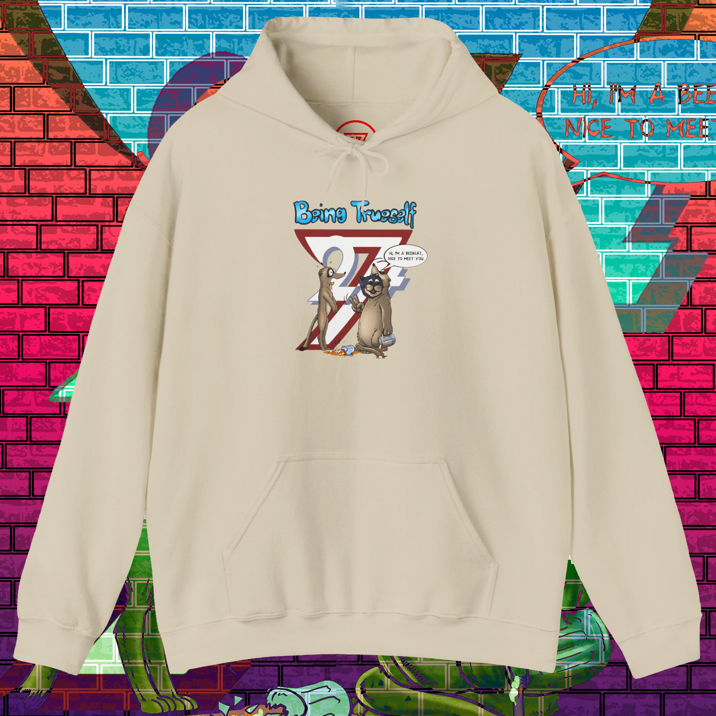Beige hoodie with cartoon meerkat and cat illustration and "Being True-self" text, kangaroo pocket, drawstring hood, cozy casual wear.