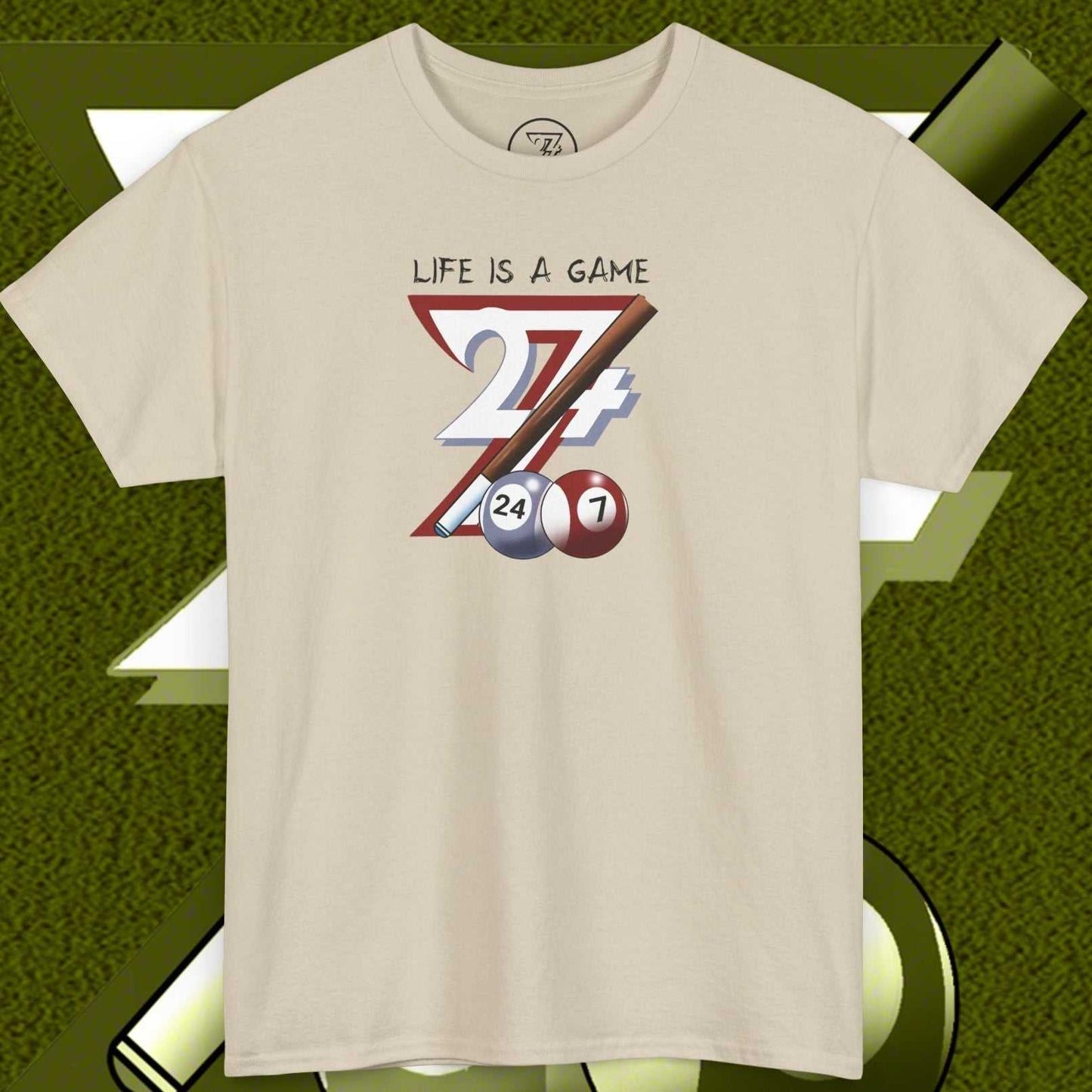 Beige pool tee with hand-drawn vibrant billiards design saying "Life is a Game" featuring pool balls and cue stick.