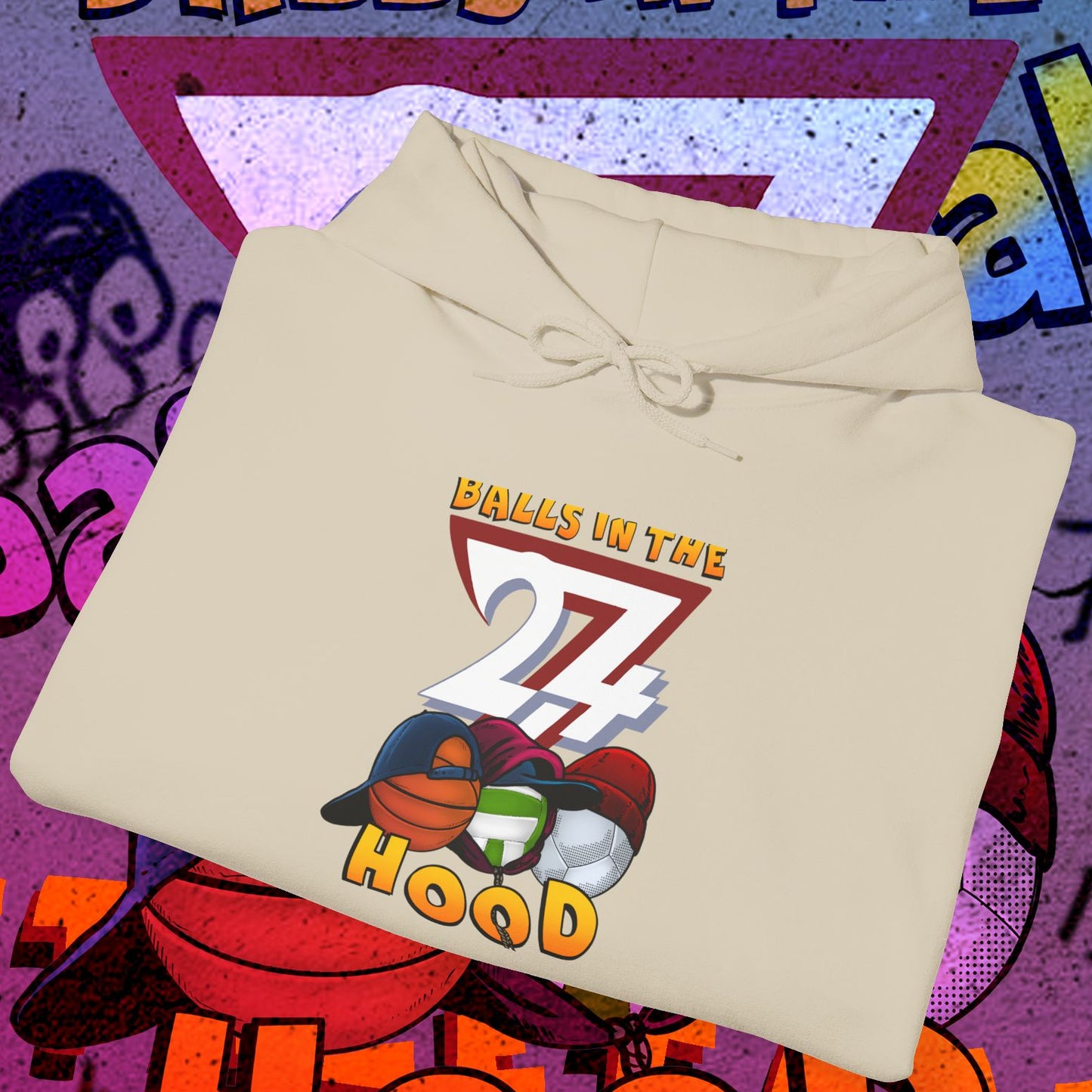 Beige printed hoodie with "Balls in the Hood" basketball-themed graphic, urban streetwear style.