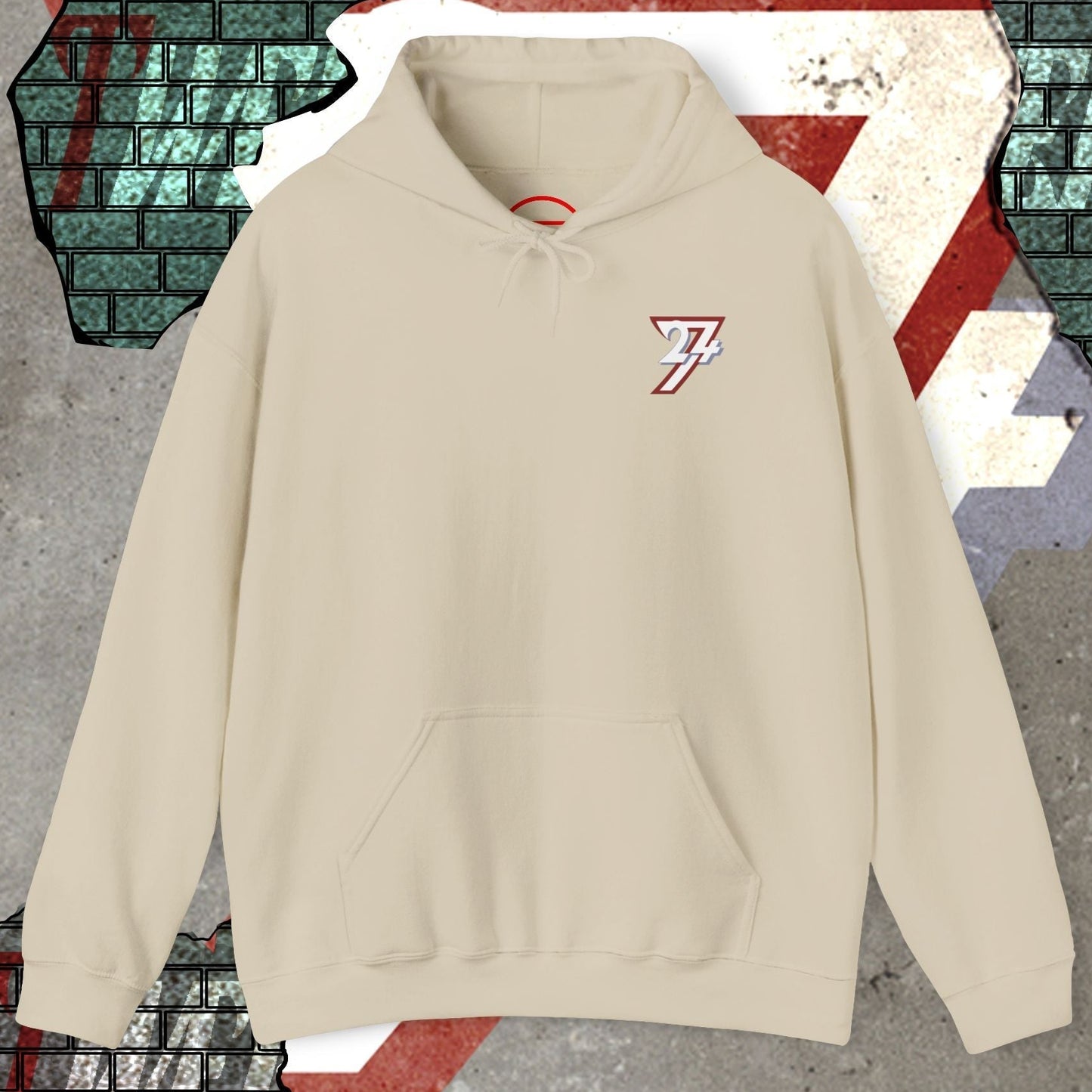 Beige printed hoodie with 24/7 logo, cotton-polyester blend, casual adult sweatshirt.