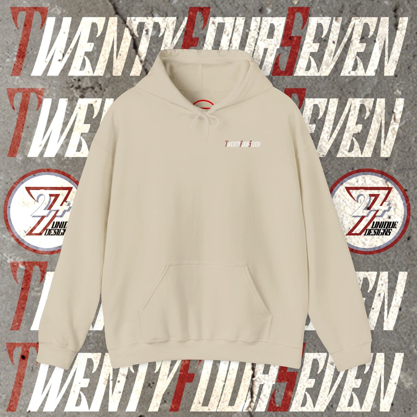 Beige printed hoodie with twentyfourseven logo and kangaroo pocket