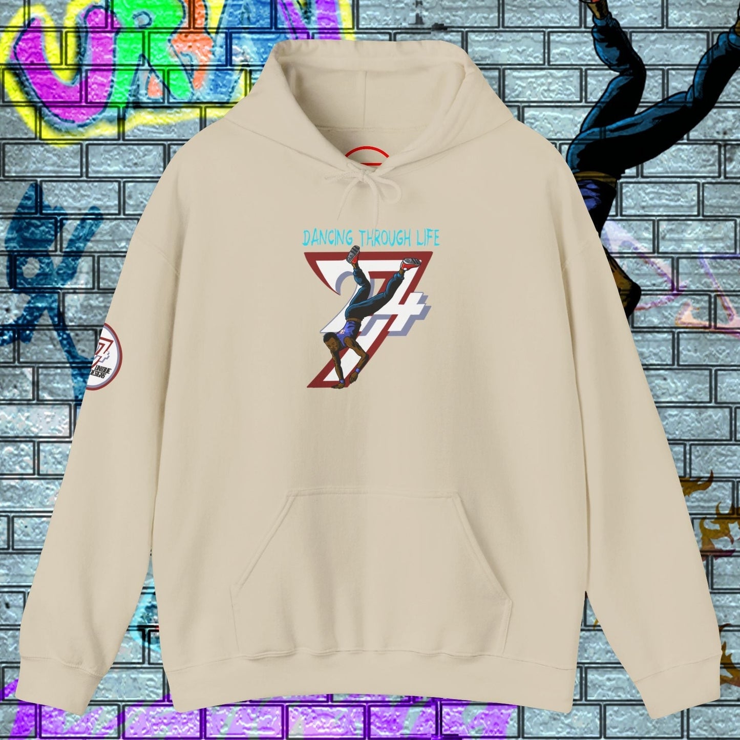 Beige street dance hoodie with hand-drawn dancer illustration and kangaroo pocket for men, urban streetwear style.