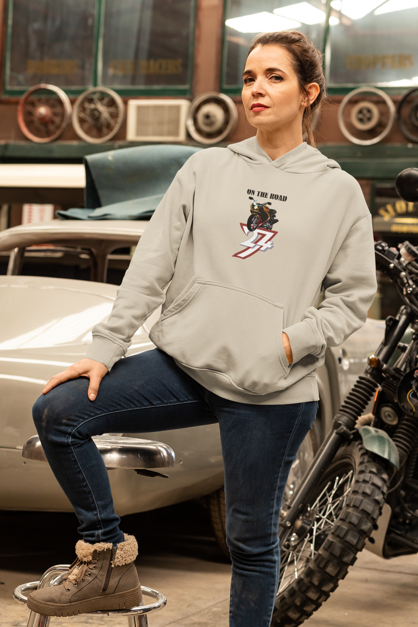 Bike hoodie with On The Road motorcycle design, casual and comfortable cotton sweatshirt for biking enthusiasts