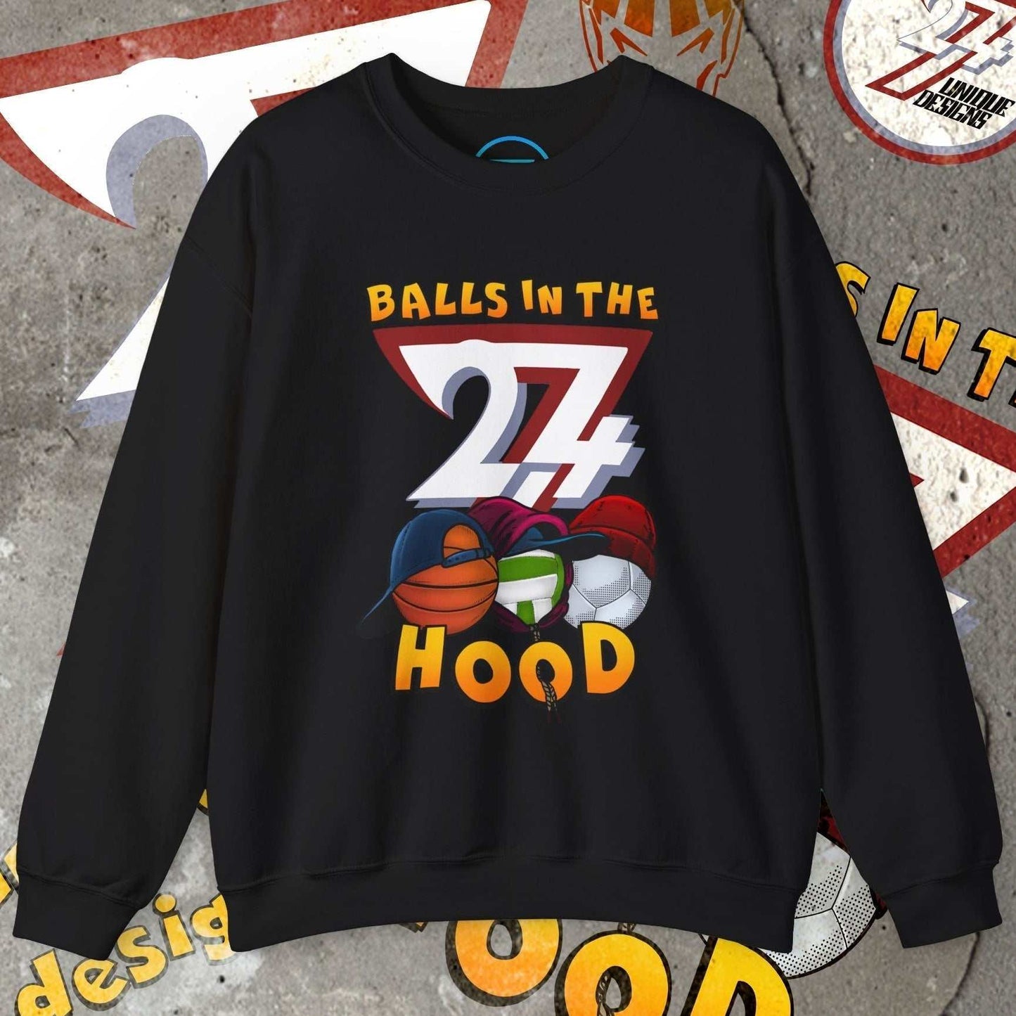Black Balls In The Hood sweatshirt with urban sports-themed graphic design and basketball, football, volleyball illustration
