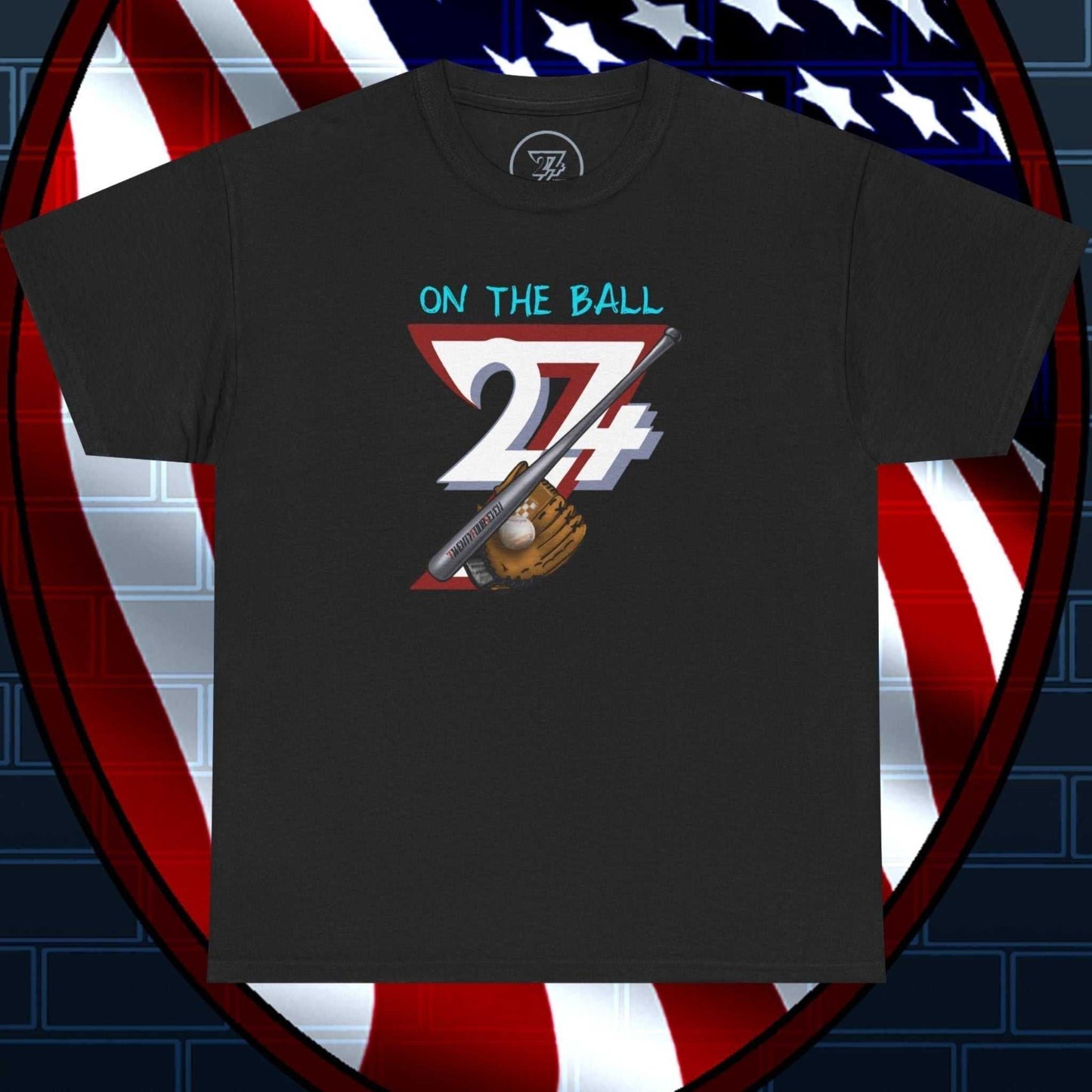 Black Baseball Illustrated Tee with hand-drawn sports design featuring "On The Ball" text, baseball glove, and bat graphic, comfortable cotton fabric.