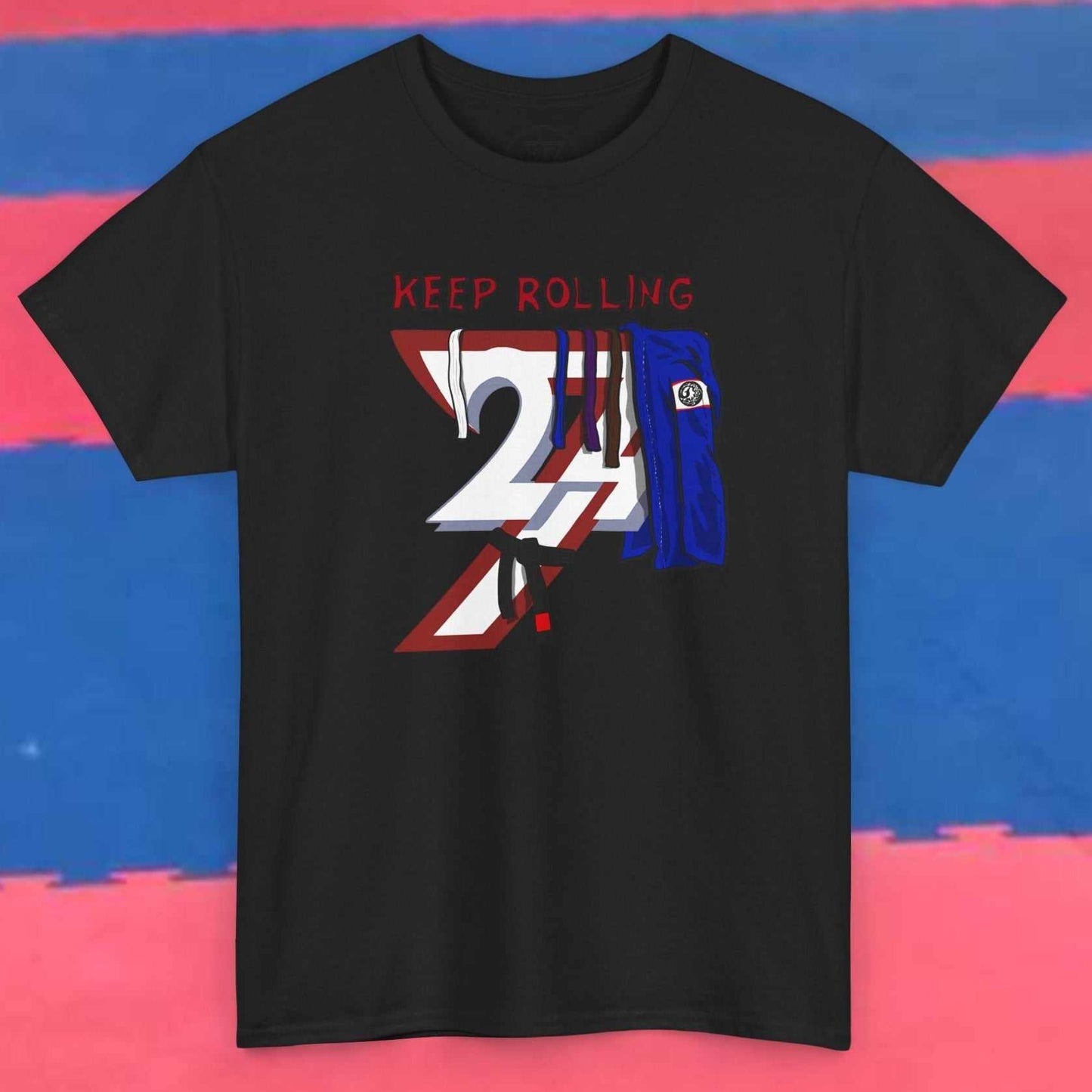 Black Brazilian Jiu-Jitsu t-shirt with "Keep Rolling" print and martial arts belt design