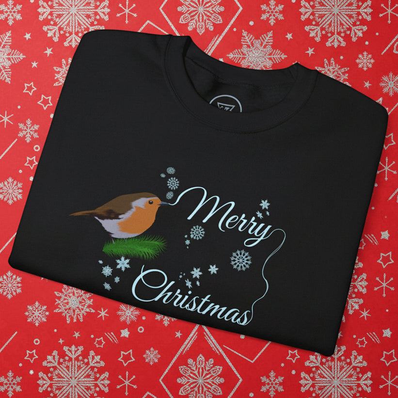 Black Christmas robin sweatshirt featuring a festive robin design and "Merry Christmas" text on a snowflake patterned red background