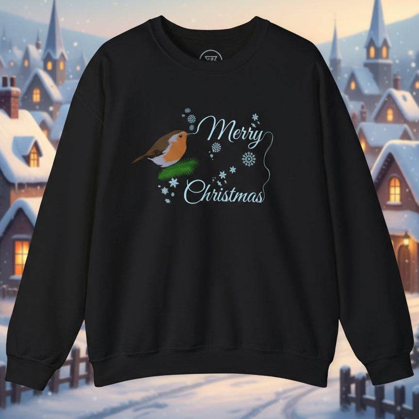 Black Christmas robin sweatshirt with festive robin and snowflake design and "Merry Christmas" text
