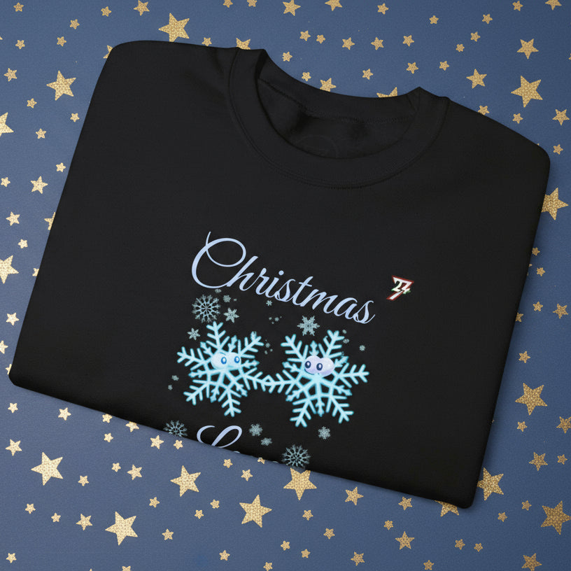 Black Christmas sweatshirt with cute snowflakes holding hands and festive text design