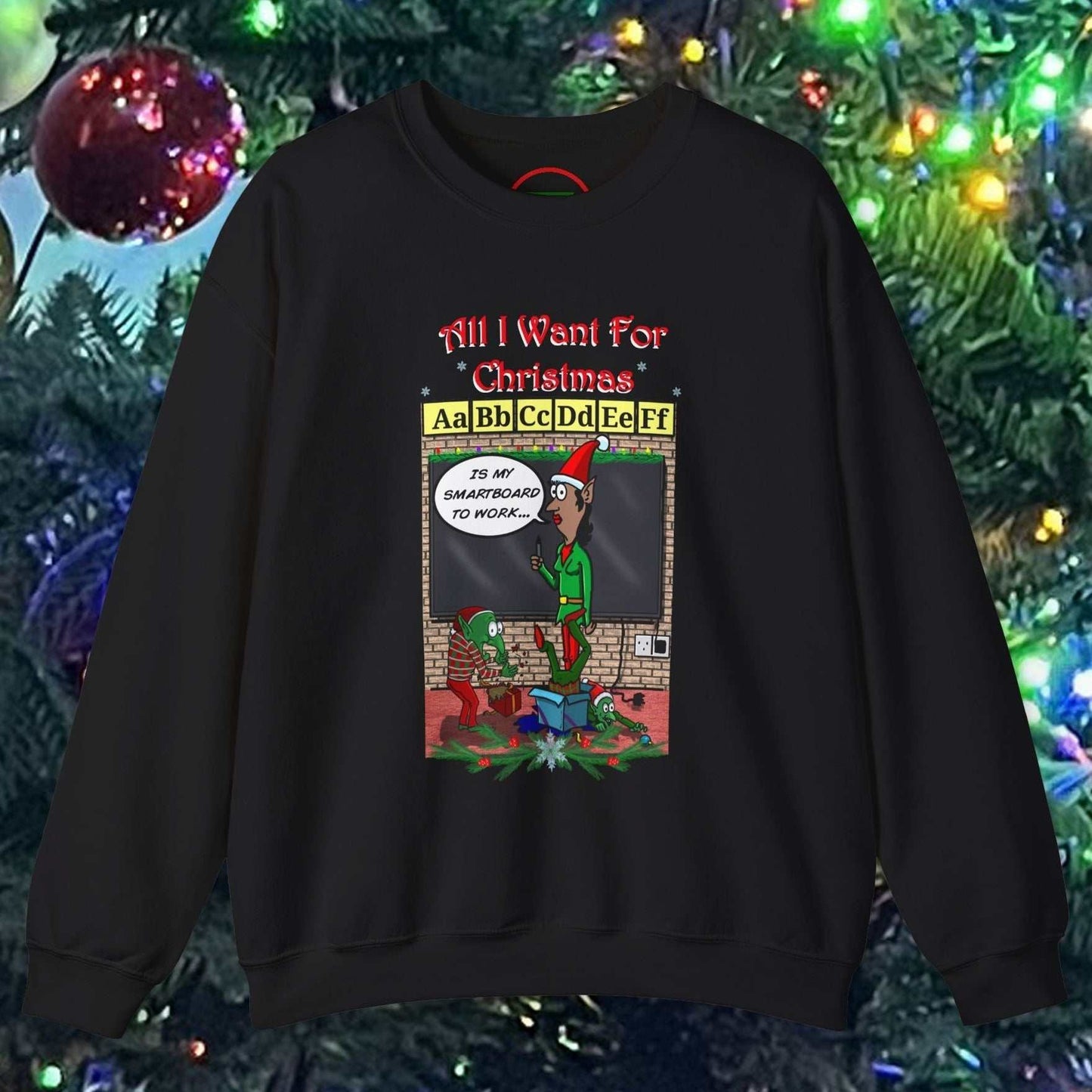 Black Christmas teacher comic sweatshirt with funny cartoon Santa and classroom design