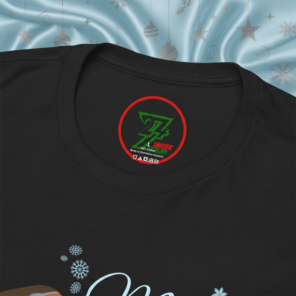 Black Christmas tee with festive robin design and 24/7 Unique Designs label inside collar