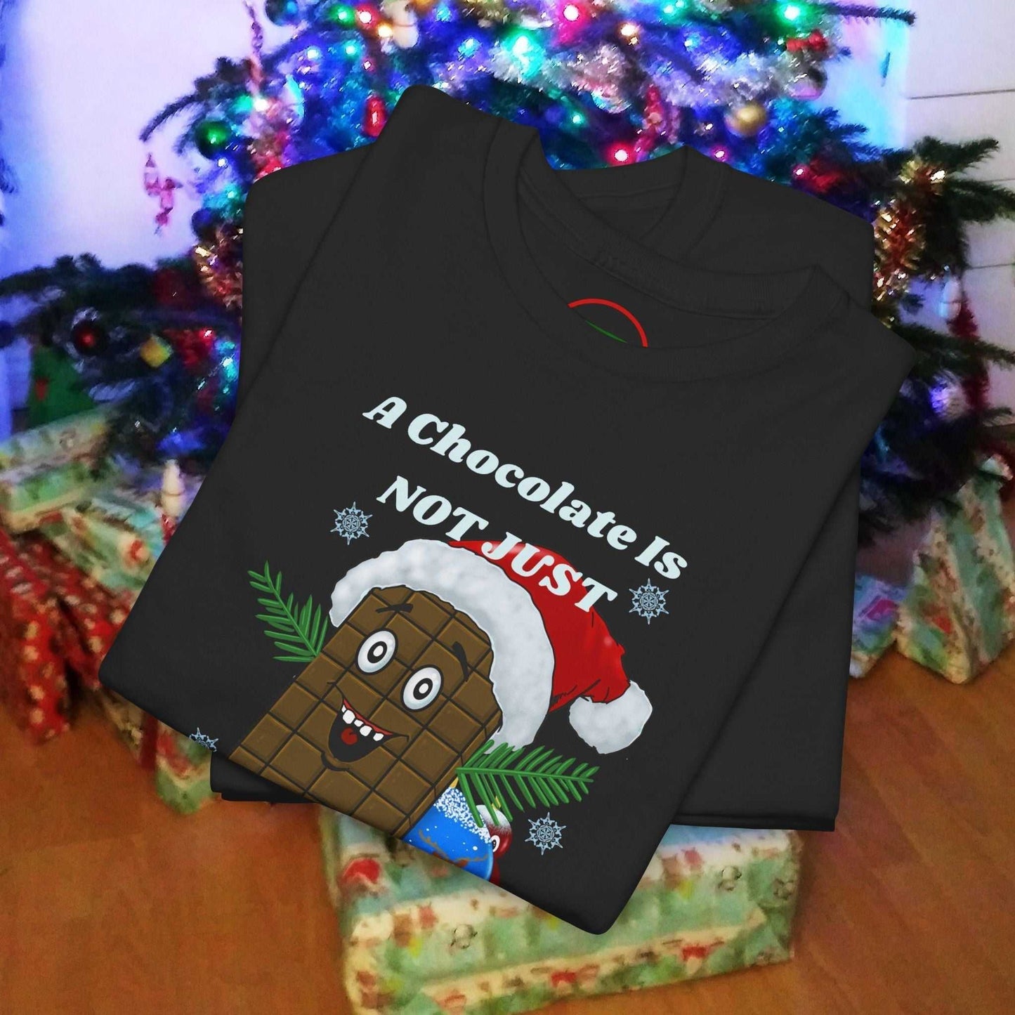 Black Christmas tee with cartoon chocolate bar wearing Santa hat and festive text design