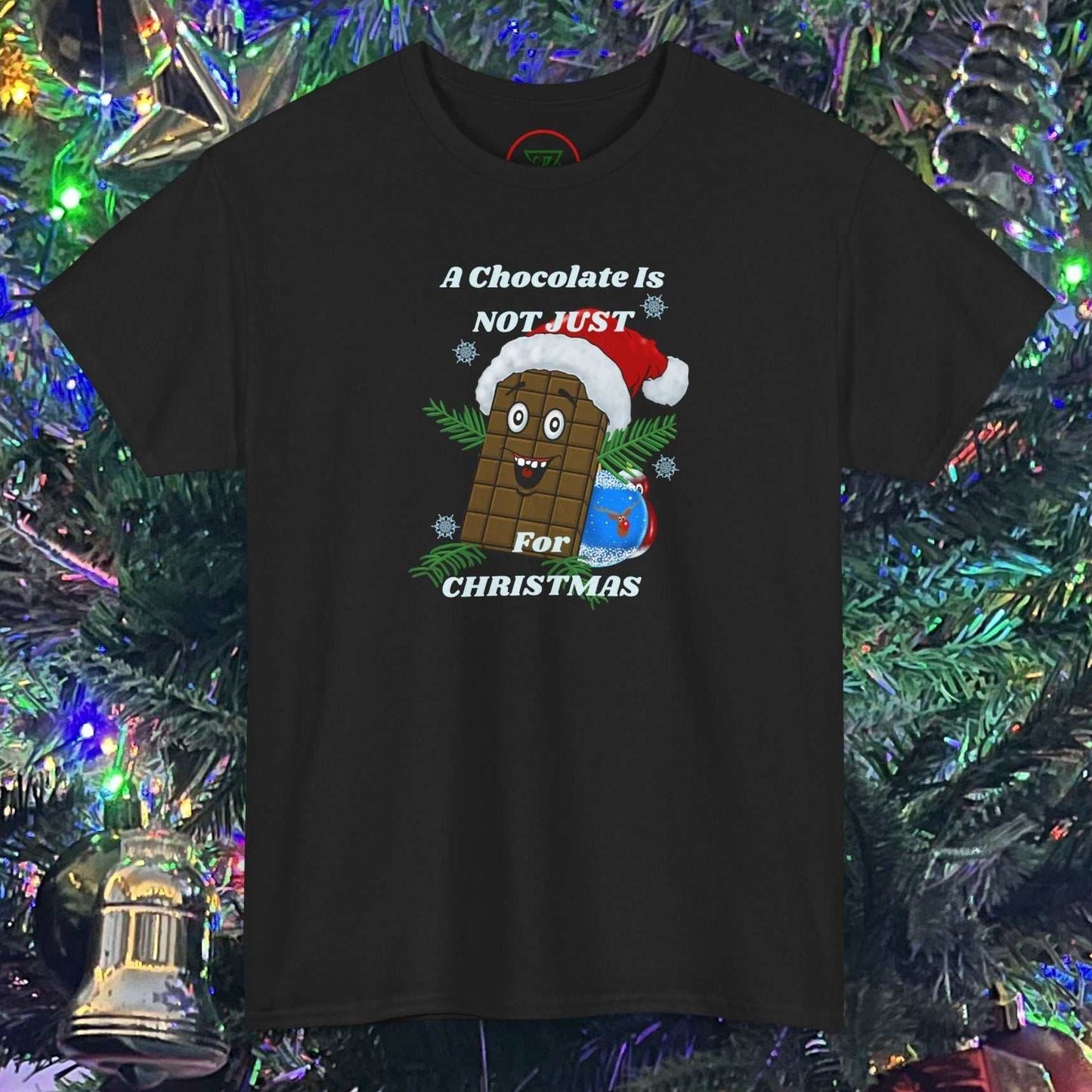 Black Christmas tee with smiling chocolate bar wearing Santa hat and festive text design