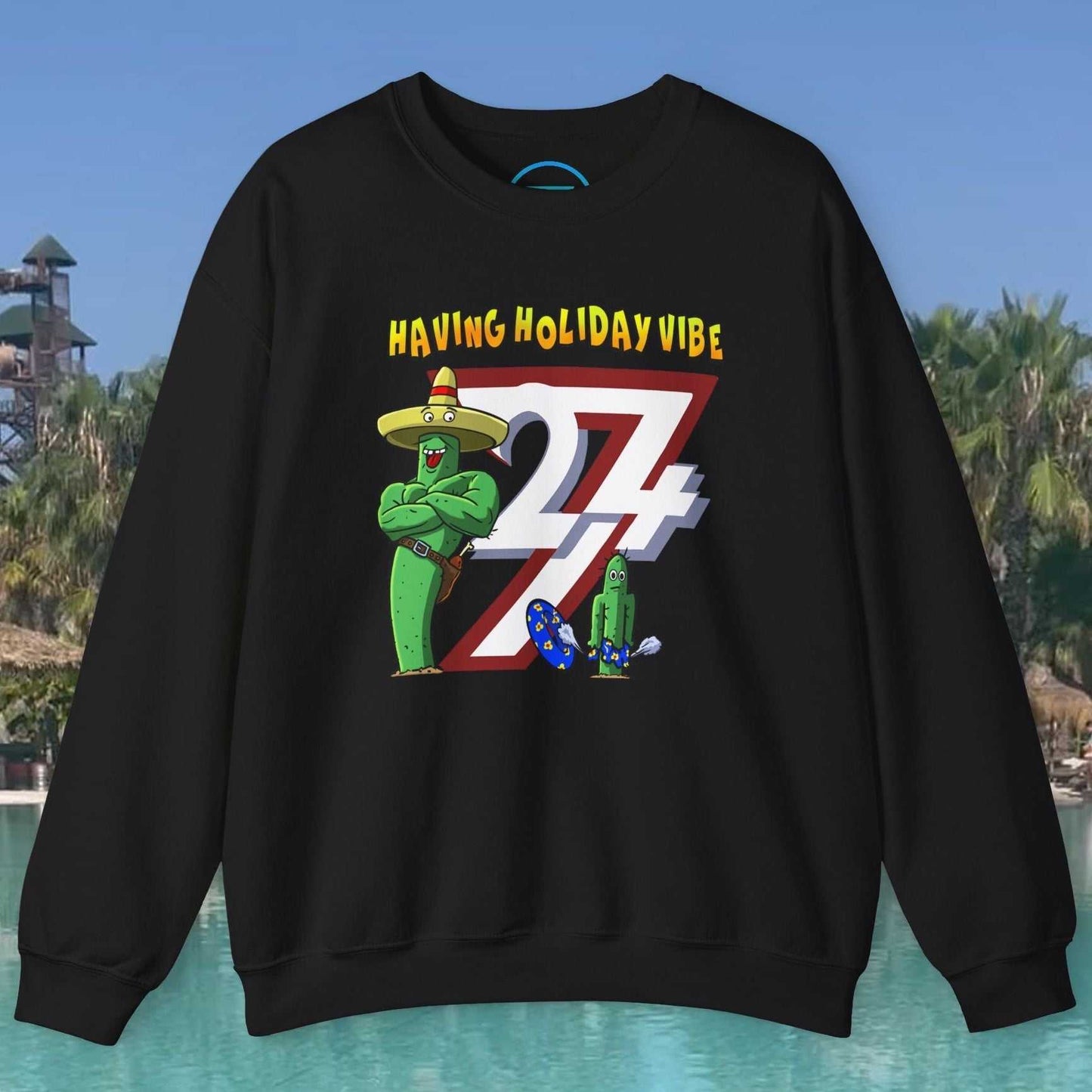 Black Funny Cactus Crewneck Sweatshirt with cartoon cactus characters and "Having Holiday Vibe" text design