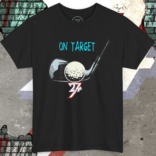 Black Golf Tee Illustrated T-Shirt with hand-drawn golf ball and club graphic and "ON TARGET" text design