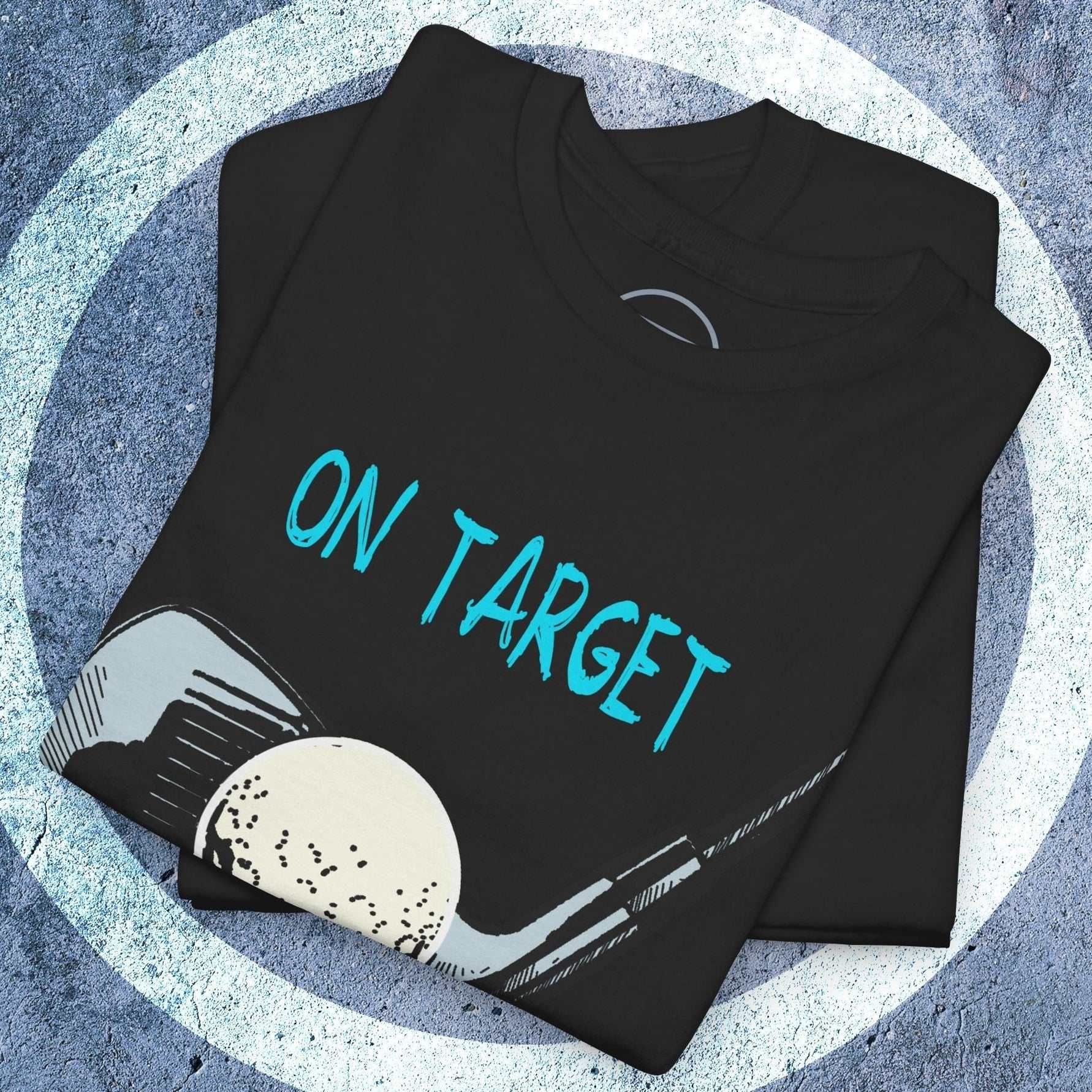 Black Golf Tee Illustrated T-Shirt with hand-drawn golf club and ball design and "ON TARGET" text in blue