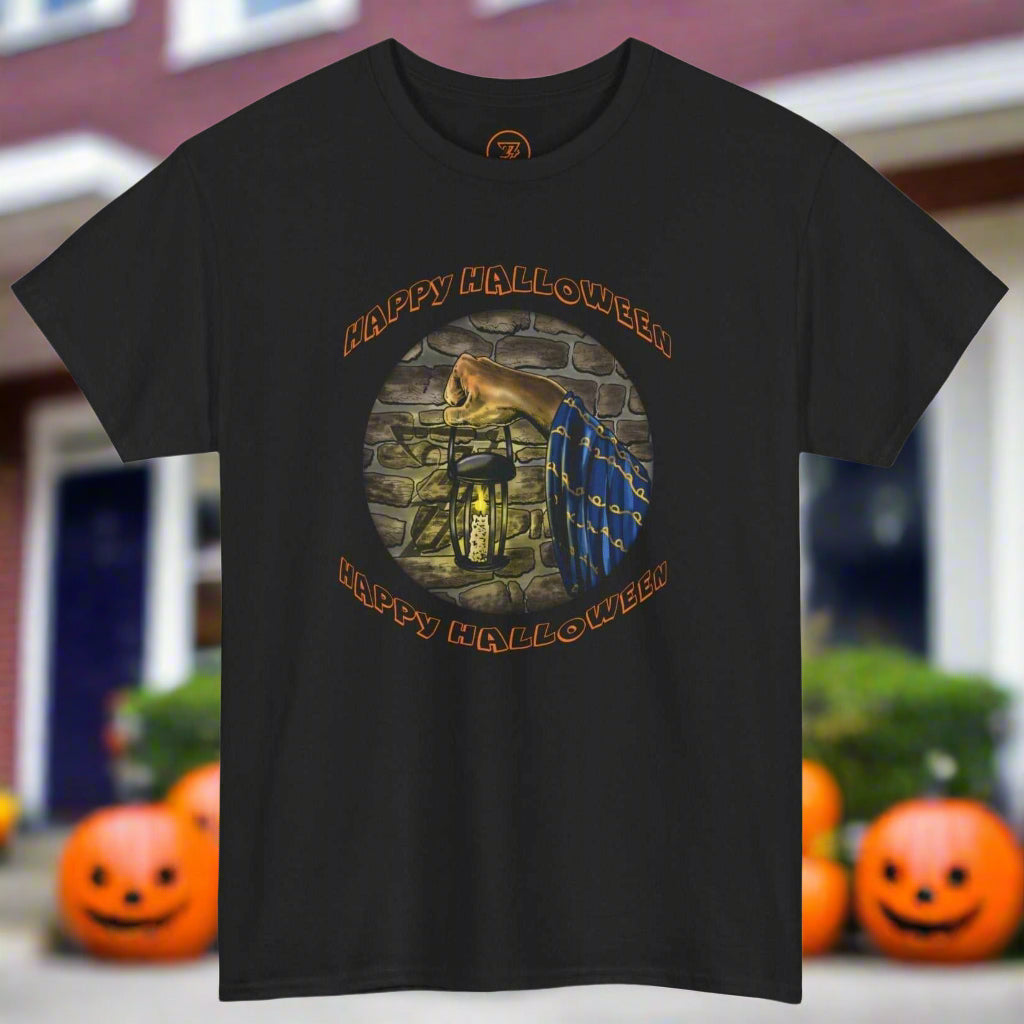 Black Halloween Wizard tee with magical lantern and "Happy Halloween" text design