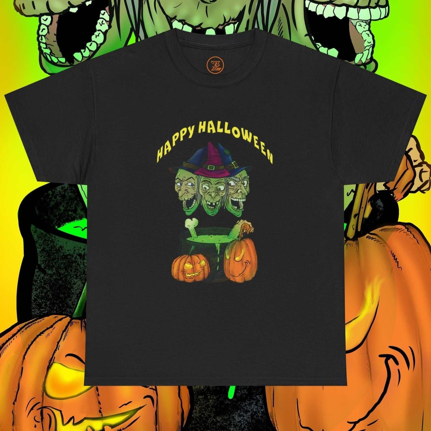 Black Halloween witches tee with three green-faced witches and two jack-o'-lanterns, "Happy Halloween" text, spooky vibrant cartoon design