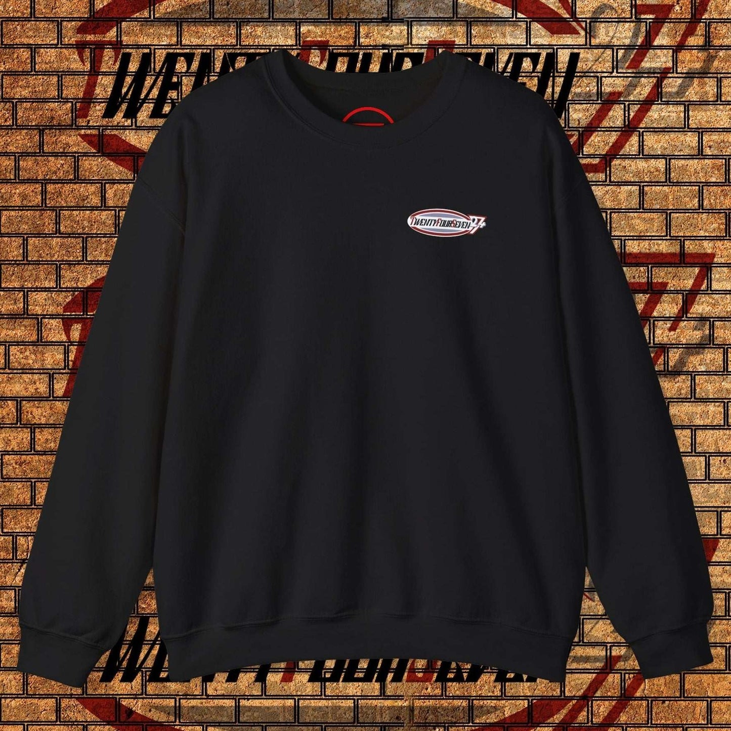 Black TwentyFourSeven logo crewneck sweatshirt made of cotton-polyester blend, casual streetwear for parties and outdoor use.